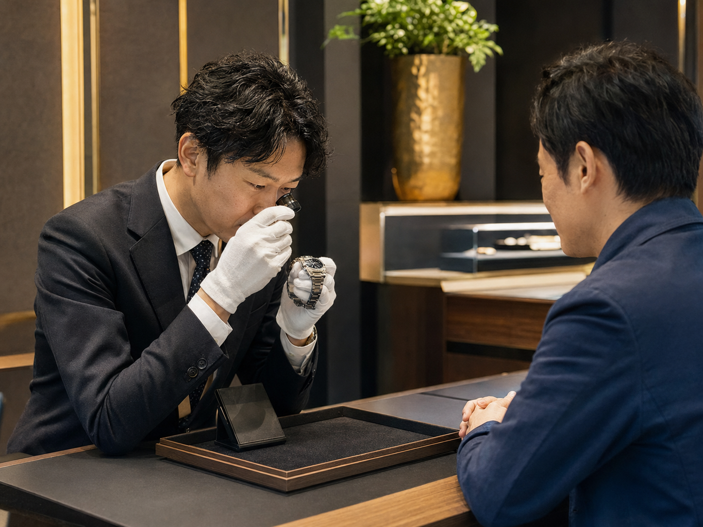スタッフがお品物を丁寧に査定する様子